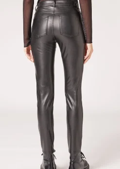 Women Calzedonia Coated-Effect Thermal Skinny Biker Leggings