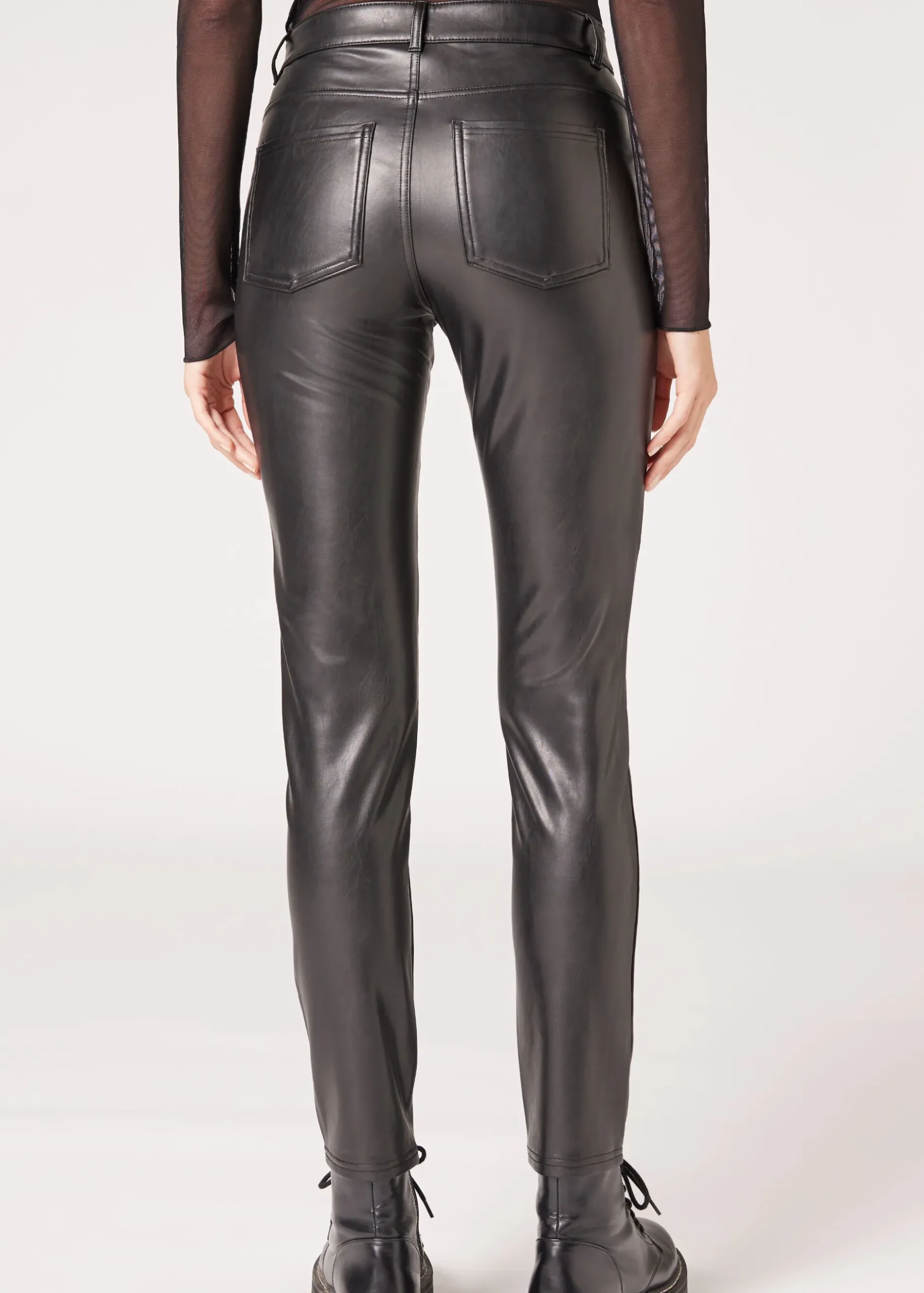 Women Calzedonia Coated-Effect Thermal Skinny Biker Leggings