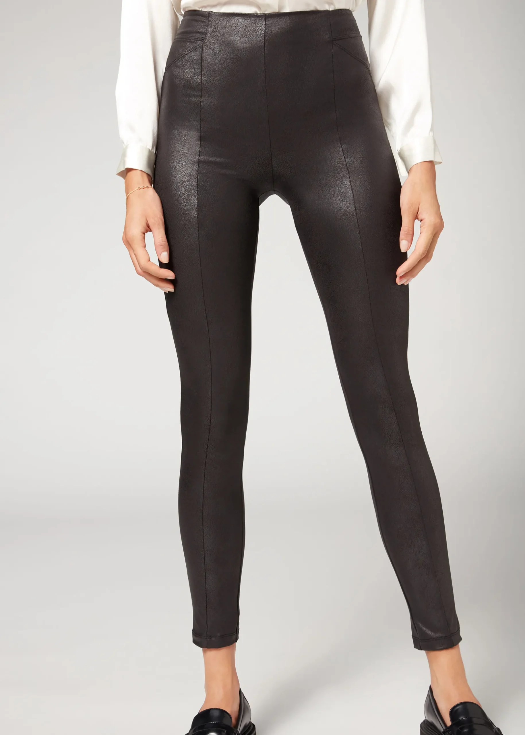 Women Calzedonia Coated-Effect Total Shaper Biker Leggings
