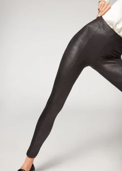 Women Calzedonia Coated-Effect Total Shaper Biker Leggings