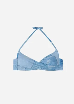 Women Calzedonia Denim Graduated Padded Crossover Triangle Bikini Top Ibiza