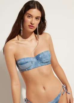 Women Calzedonia Denim Padded Bandeau Bikini Top Ibiza