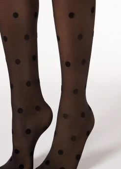 Women Calzedonia Flock Polka Dot 30 Denier Sheer Tights
