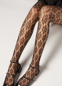Women Calzedonia Floral-Patterned Fishnet Tights
